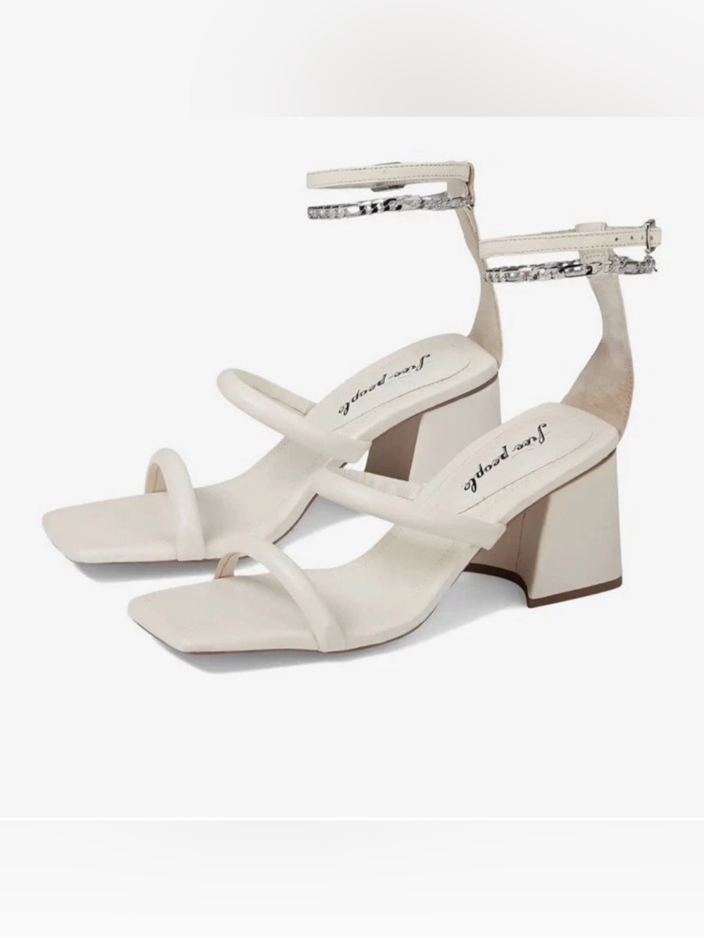Free People Ivory Strappy Block Heel Sandals with Silver Ankle Chain